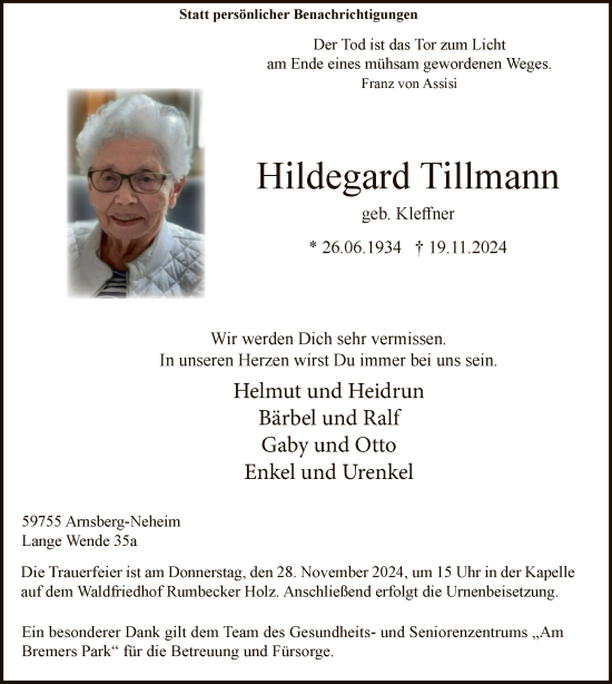 Todesanzeige von Hildegard Tillmann von WA