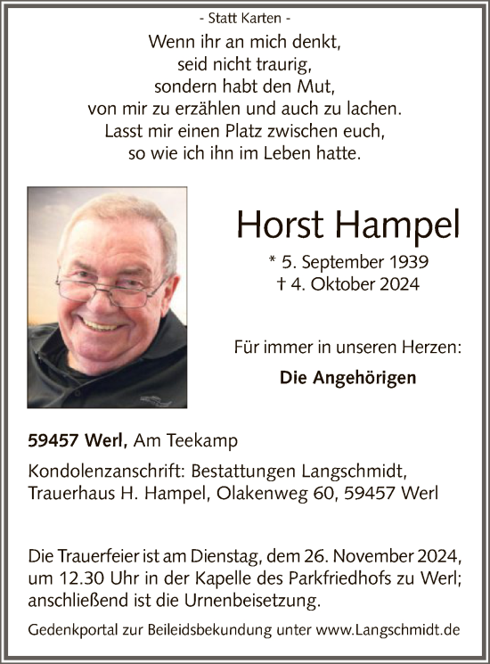 Todesanzeige von Horst Hampel von WA