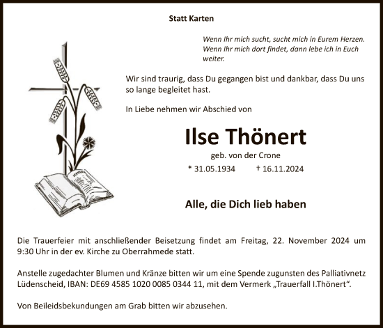 Todesanzeige von Ilse Thönert von WA