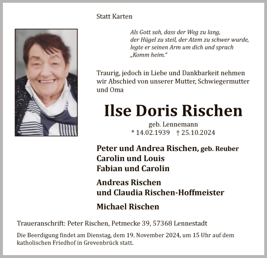 Todesanzeige von Ilse Doris Rischen von WA