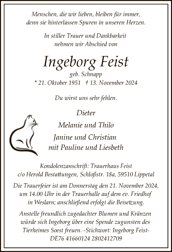 Todesanzeige von Ingeborg Feist von WAWA