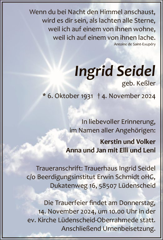 Todesanzeige von Ingrid Seidel von WA