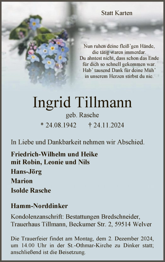 Todesanzeige von Ingrid Tillmann von WA