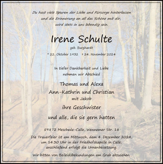 Todesanzeige von Irene Schulte von WA