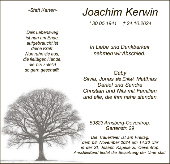 Todesanzeige von Joachim Kerwin von WA