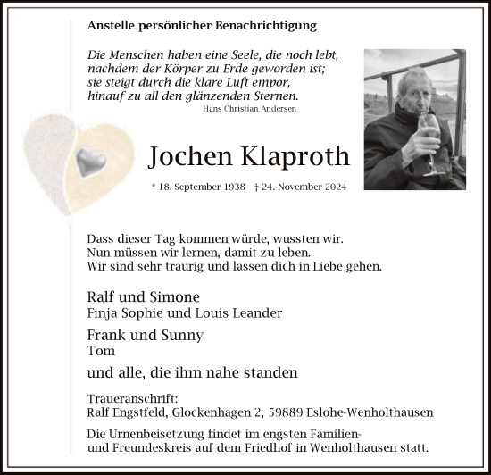 Todesanzeige von Jochen Klaproth von WA