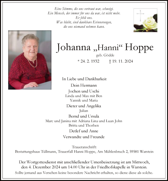 Todesanzeige von Johanna Hoppe von WA