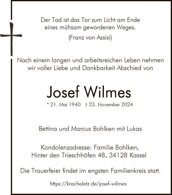 Todesanzeige von Josef Wilmes von WA