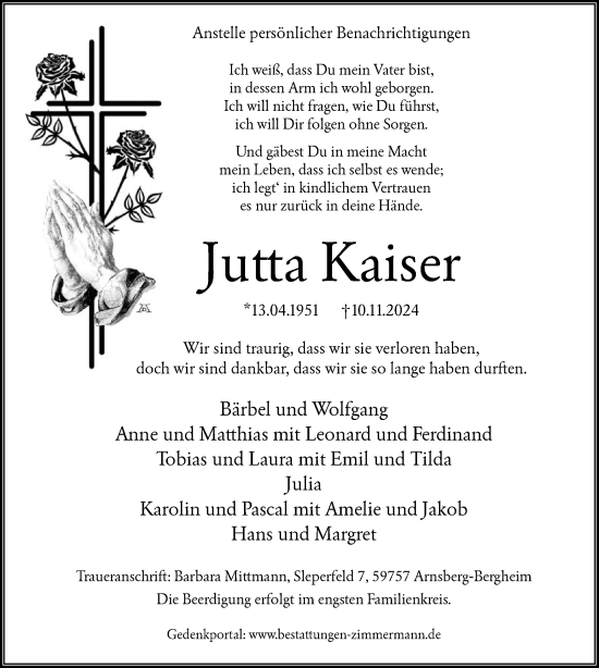 Todesanzeige von Jutta Kaiser von WA