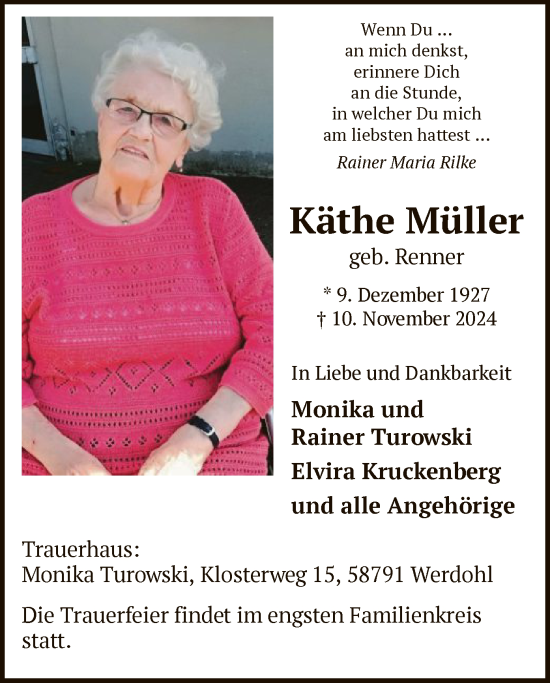 Todesanzeige von Käthe Müller von WA