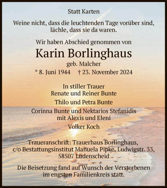 Todesanzeige von Karin Borlinghaus von WA