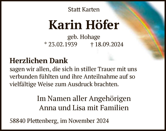 Todesanzeige von Karin Höfer von WA