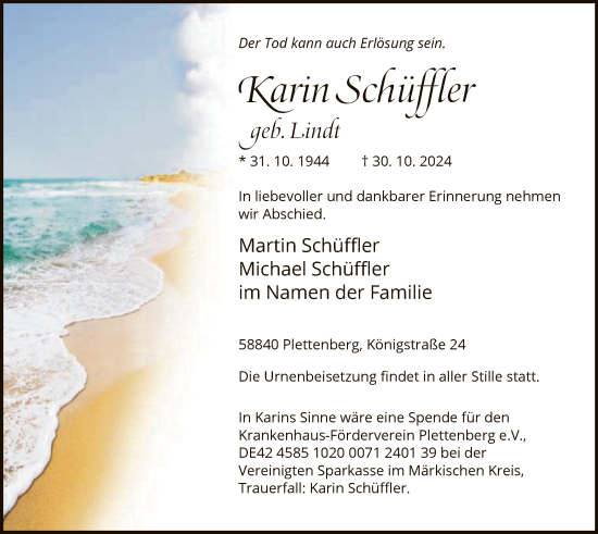 Todesanzeige von Karin Schüffler von WA