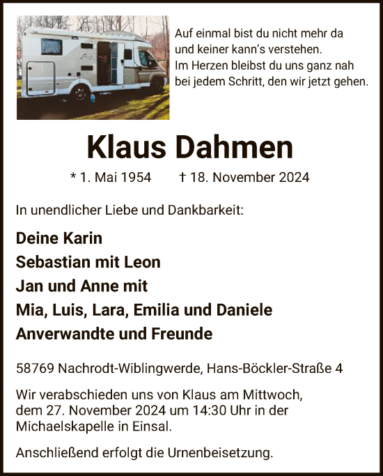 Todesanzeige von Klaus Dahmen von WA