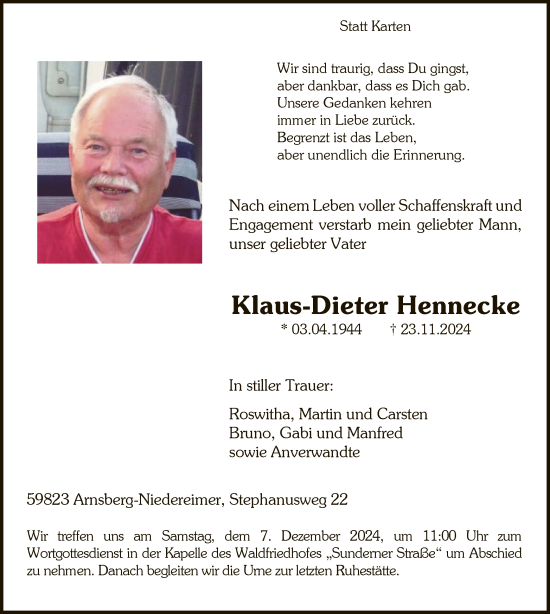 Todesanzeige von Klaus-Dieter Hennecke von WA