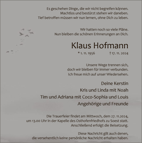 Todesanzeige von Klaus Hofmann von WA