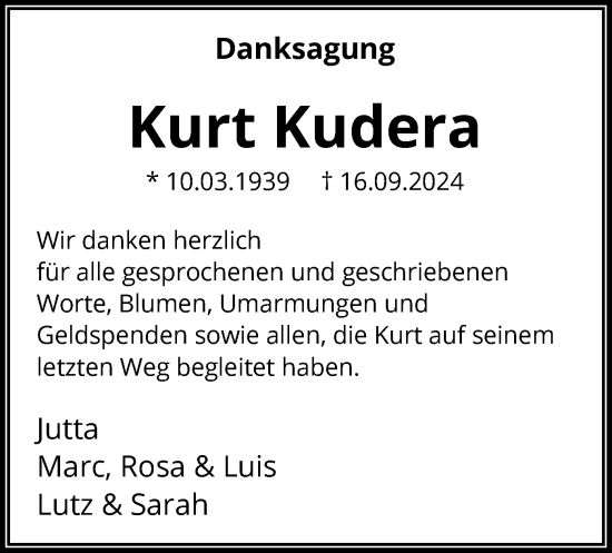 Todesanzeige von Kurt Kudera von WA