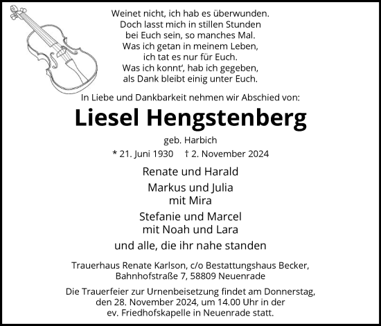 Todesanzeige von Liesel Hengstenberg von WA