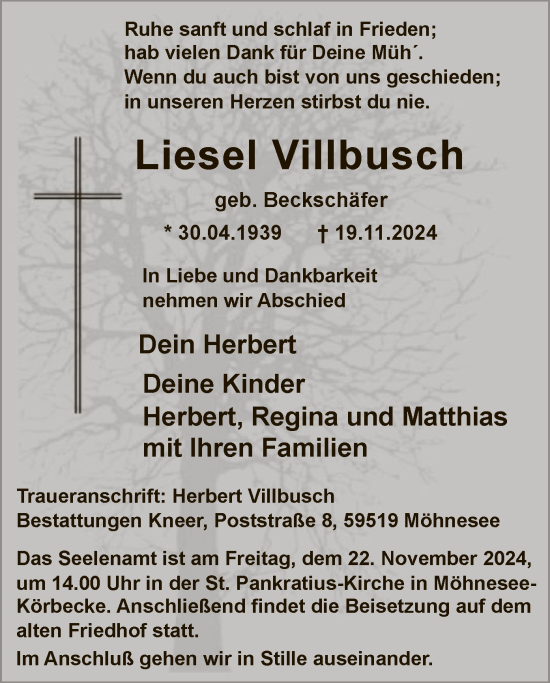 Todesanzeige von Liesel Villbusch von WA