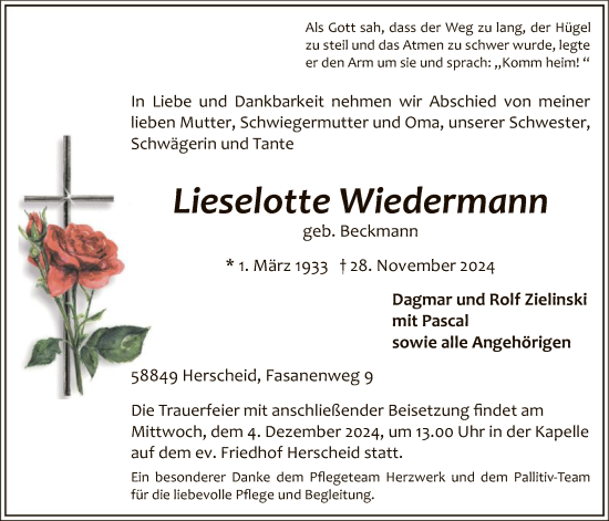 Todesanzeige von Lieselotte Wiedermann von WA