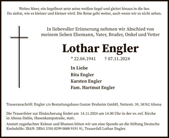 Todesanzeige von Lothar Engler von WA