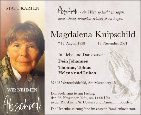 Todesanzeige von Magdalena Knipschild von WA