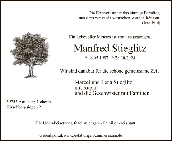 Todesanzeige von Manfred Stieglitz von WA