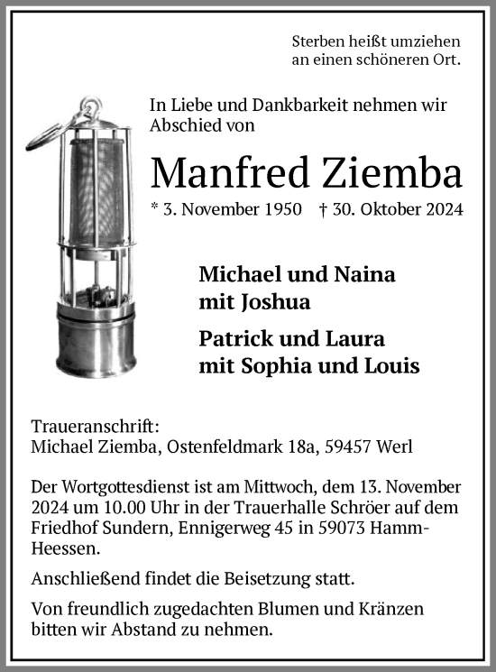 Todesanzeige von Manfred Ziemba von WA