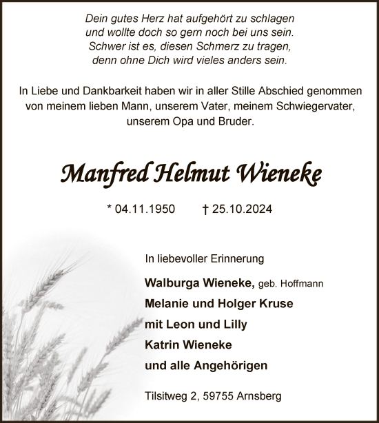 Todesanzeige von Manfred Helmut Wieneke von WA