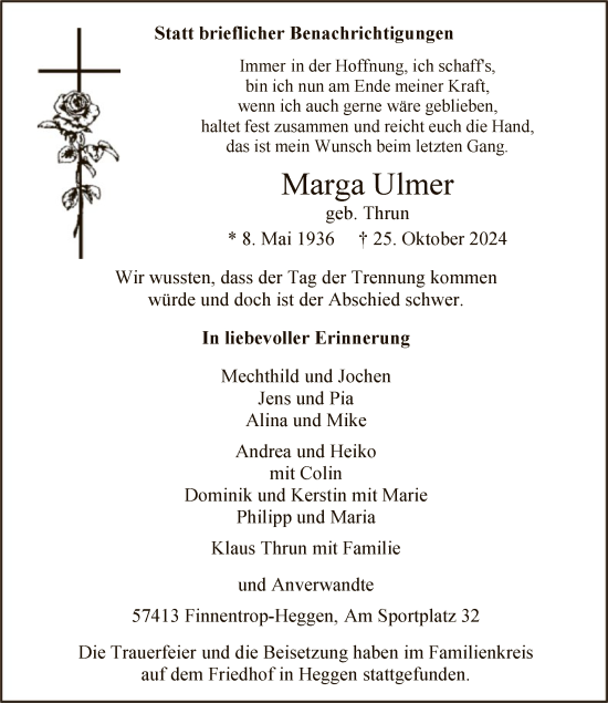 Todesanzeige von Marga Ulmer von WA