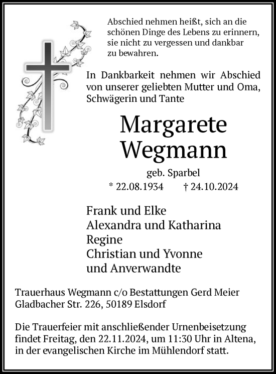 Todesanzeige von Margarete Wegmann von WA