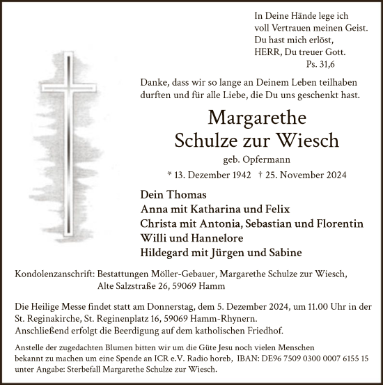 Todesanzeige von Margarethe Schulze zur Wiesch von WA