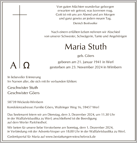 Todesanzeige von Maria Stuth von WA