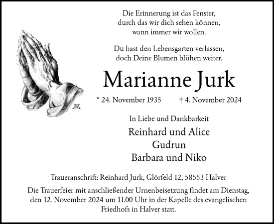 Todesanzeige von Marianne Jurk von WA