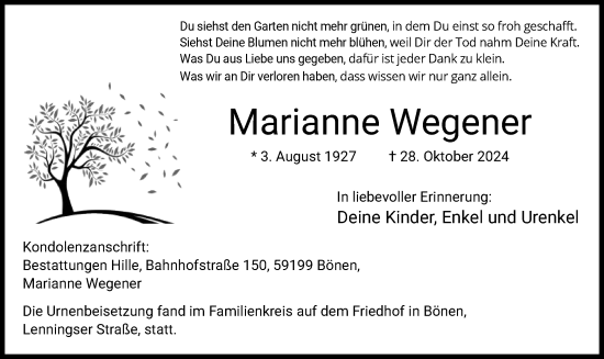 Todesanzeige von Marianne Wegener von WA