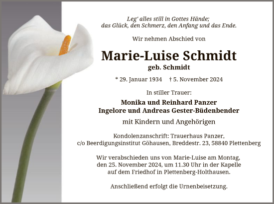 Todesanzeige von Marie-Luise Schmidt von WA