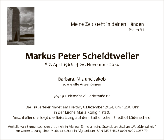 Todesanzeige von Markus Peter Scheidtweiler von WA