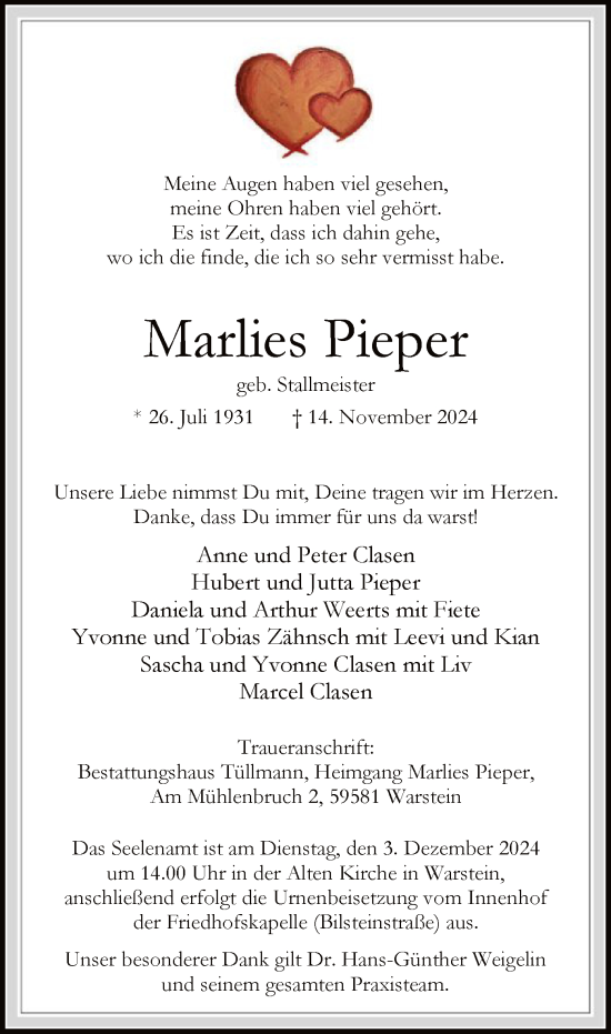 Todesanzeige von Marlies Pieper von WA