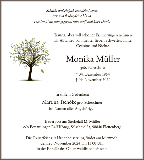 Todesanzeige von Monika Müller von WA