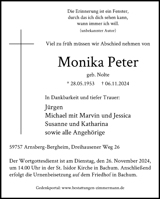 Todesanzeige von Monika Peter von WA