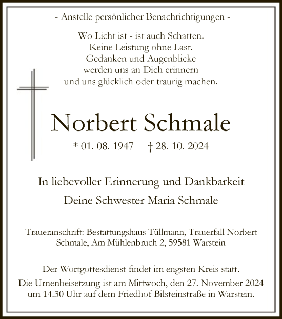 Todesanzeige von Norbert Schmale von WA