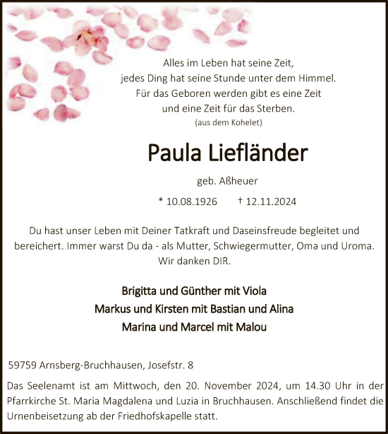 Todesanzeige von Paula Liefländer von WA