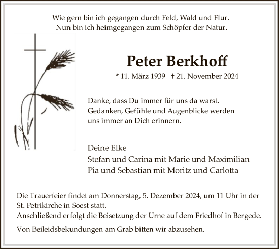 Todesanzeige von Peter Berkhoff von WA