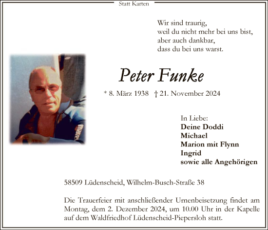 Todesanzeige von Peter Funke von WA