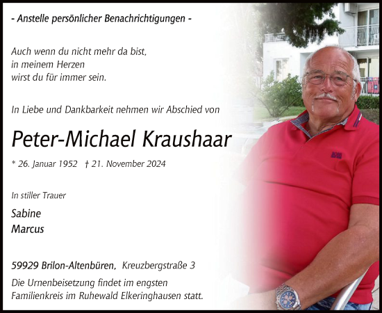 Todesanzeige von Peter-Michael Kraushaar von WA