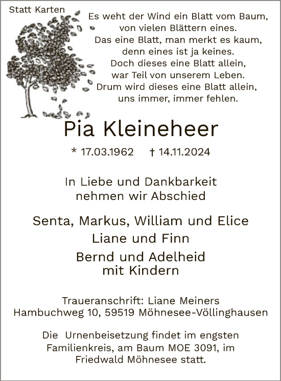 Todesanzeige von Pia Kleineheer von WA