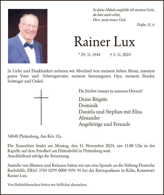 Todesanzeige von Rainer Lux von WA