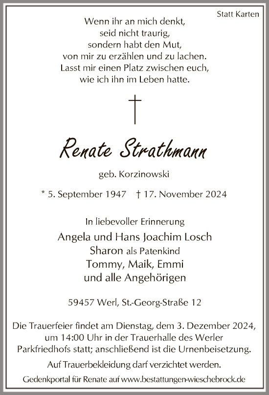 Todesanzeige von Renate Strathmann von WA