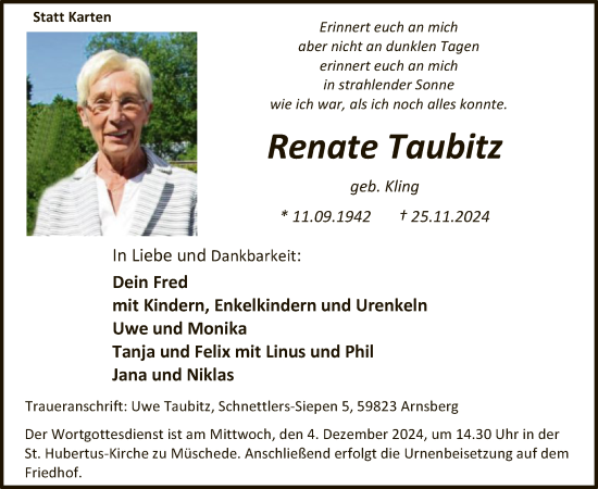 Todesanzeige von Renate Taubitz von WA