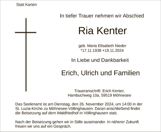 Todesanzeige von Ria Kenter von WA